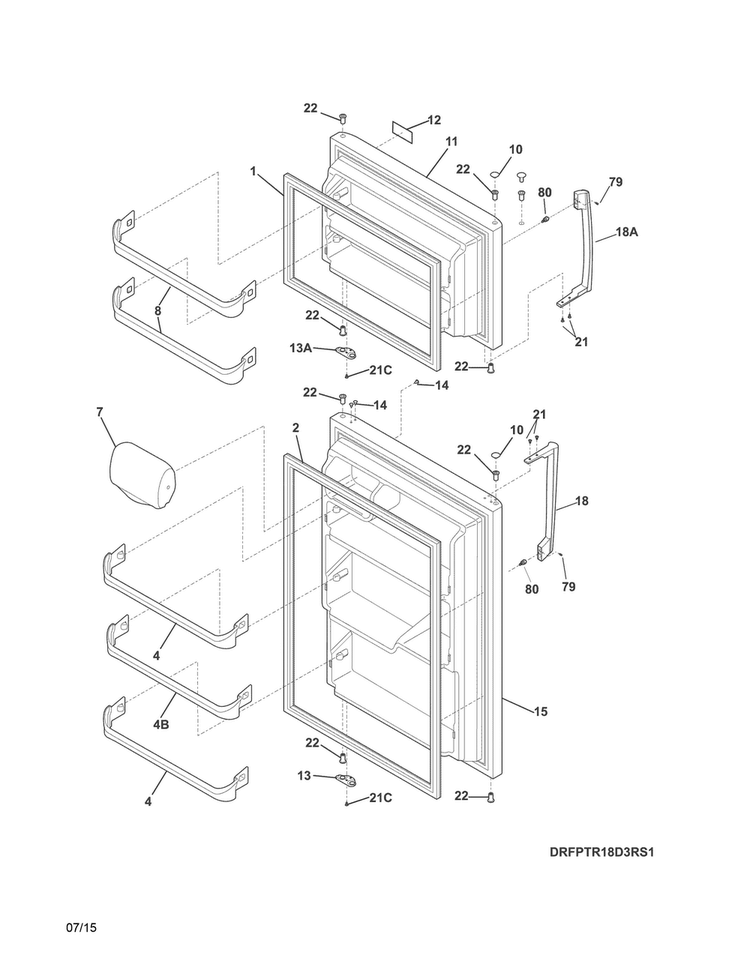 Doors Diagram and Parts List for FPTR18D3RS1  Frigidaire Refrigerator