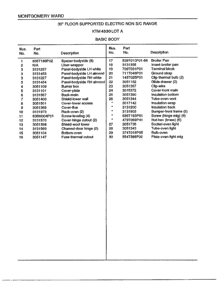 30" Range/basic Body Page 2 Diagram and Parts List for 4530A  Frigidaire Range