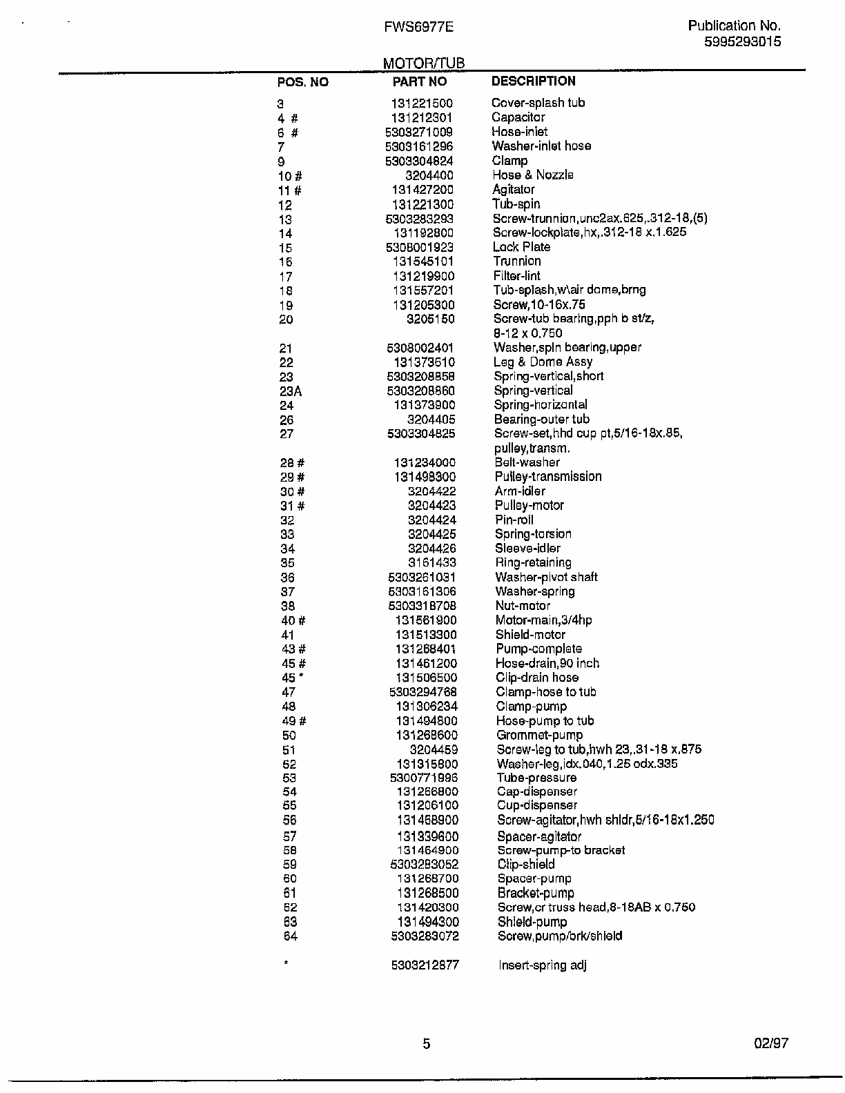 Motor/tub Page 2 Diagram and Parts List for FWS6977E  Frigidaire Washer