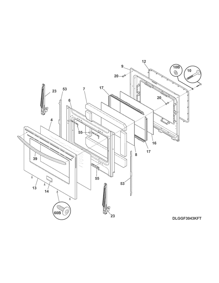 Door Diagram and Parts List for DGGF3054KFT  Frigidaire Range