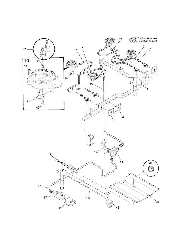 Burner Diagram and Parts List for FGFB33WHSB  Frigidaire Range