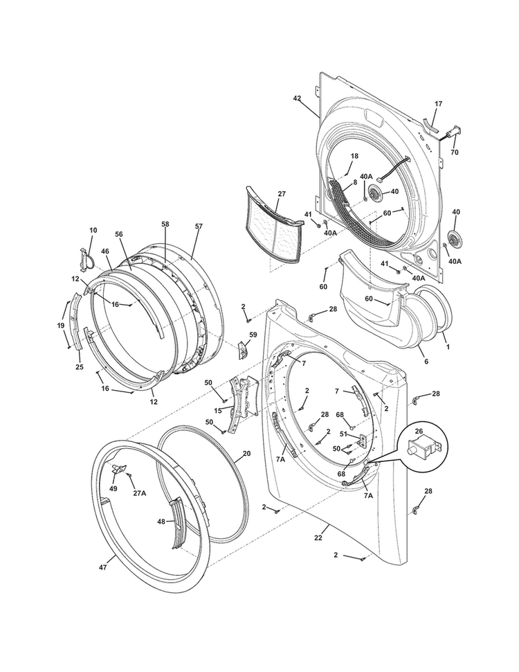 Front Panel/lint Filter Diagram and Parts List for EIED50LIW0  Electrolux Dryer
