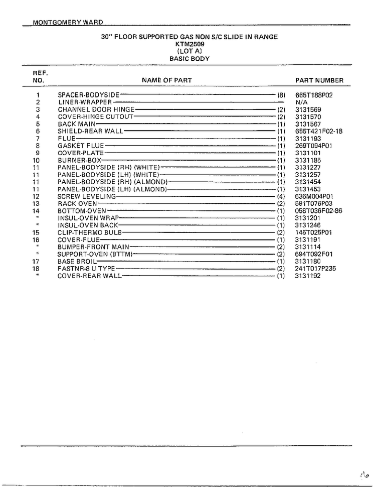 Basic Body Page 2 Diagram and Parts List for 2509A  Frigidaire Range