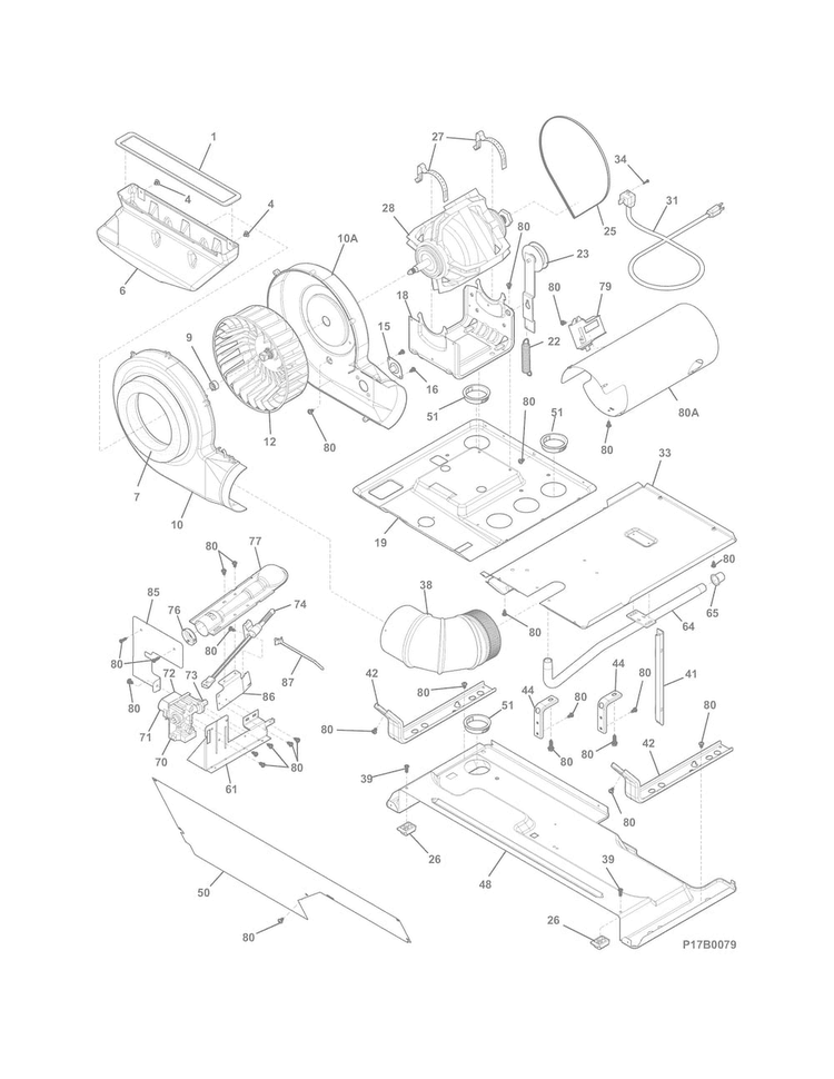Motor/blower/belt Diagram and Parts List for FFLG4033QW0  Frigidaire Washer Dryer Combo