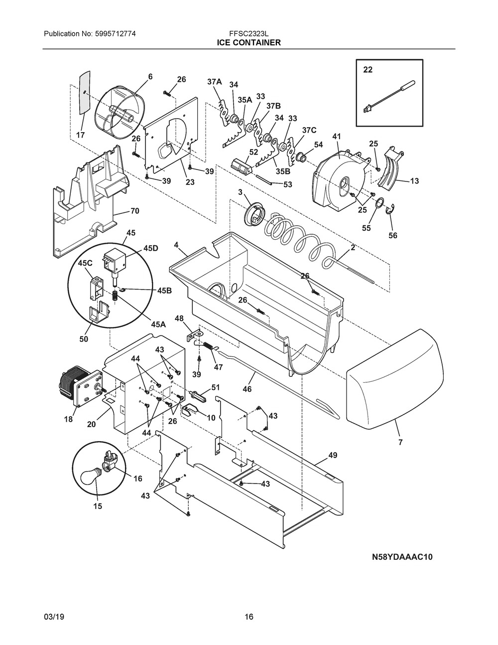 Ice Container Diagram and Parts List for FFSC2323LECA  Frigidaire Refrigerator