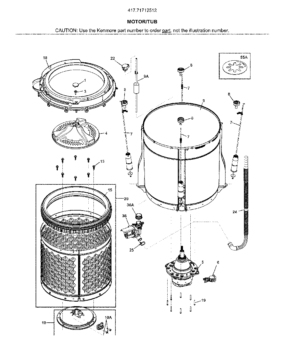 Motor/tub Diagram and Parts List for 41771712512  Kenmore Washer Dryer Combo