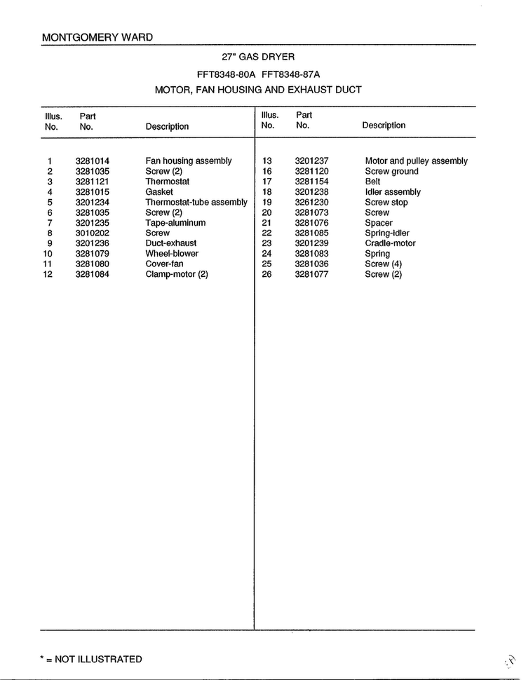 Motor/fan Housing And Exhaust Duct Page 2 Diagram and Parts List for 8348A  Frigidaire Dryer