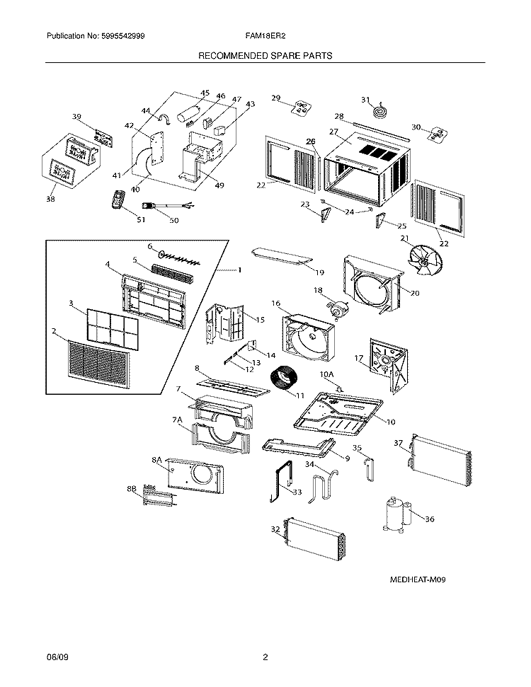 RECOMMENDED SPARE PARTS Diagram and Parts List for FAM18ER2AA  Frigidaire Air Conditioner
