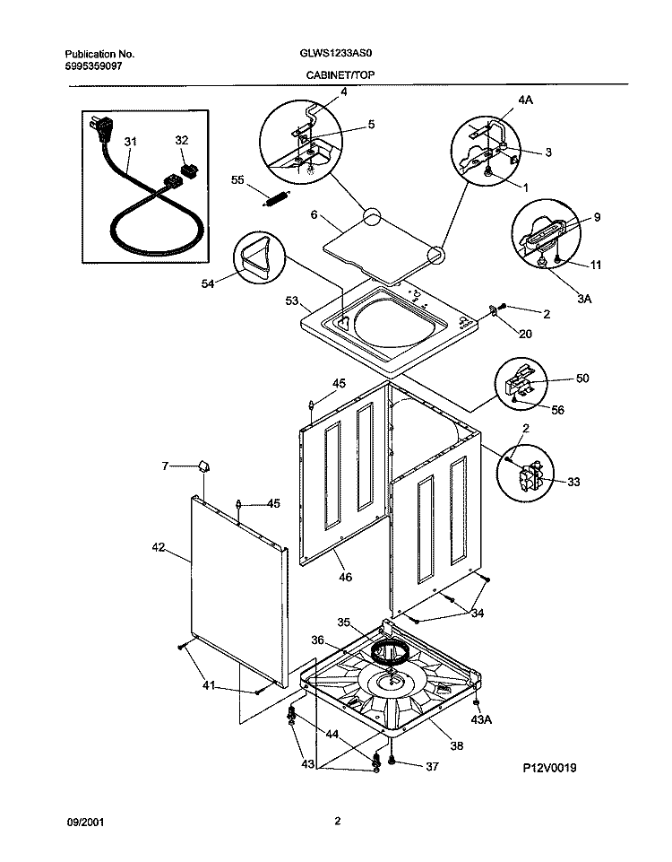 WSHR CAB, TOP Diagram and Parts List for GLWS1233AS0  Frigidaire Washer