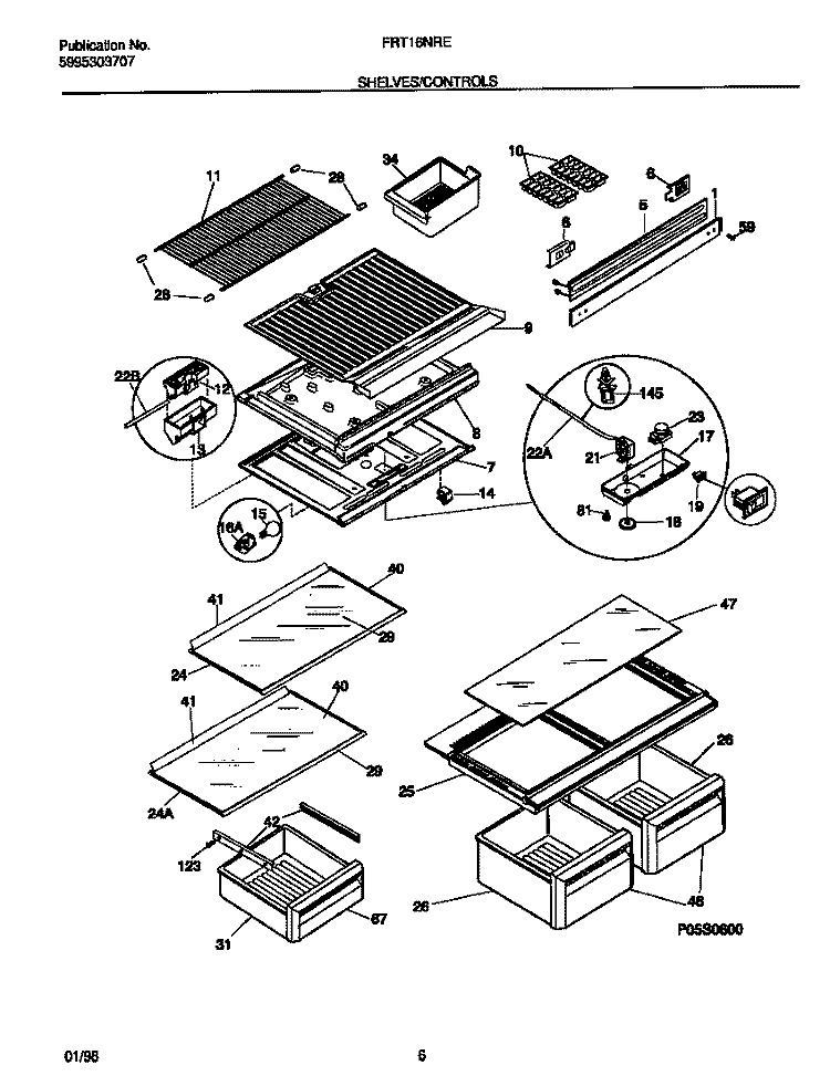 SHELVES / CONTROLS Diagram and Parts List for FRT16NRED6  Frigidaire Refrigerator