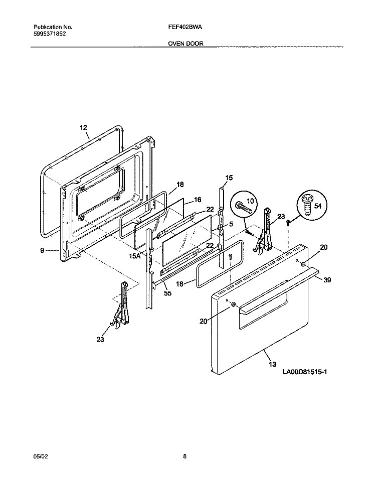 OVEN DOOR Diagram and Parts List for FEF402BWA  Frigidaire Range