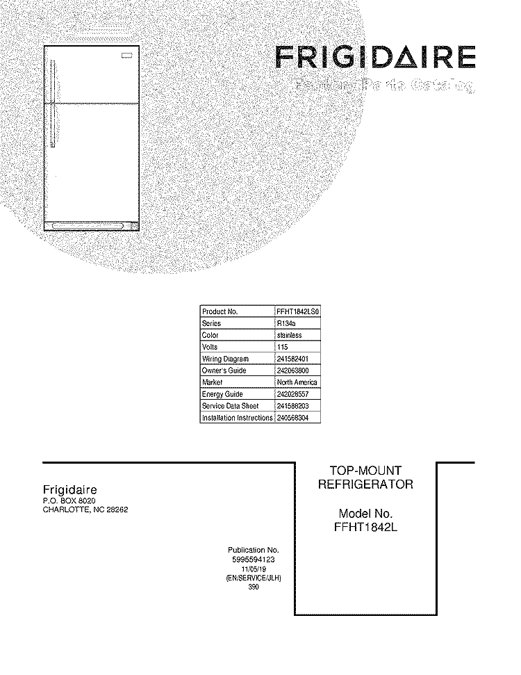 COVER Diagram and Parts List for FFHT1842LS0  Frigidaire Refrigerator