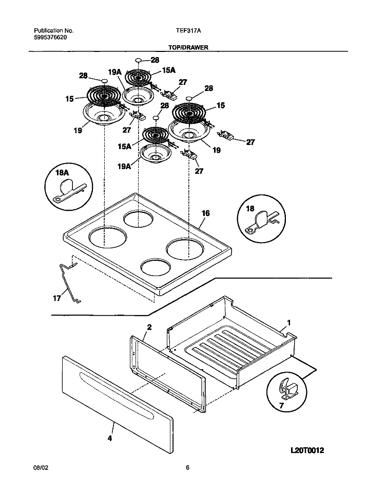 TOP / DRAWER Diagram and Parts List for TEF317AUB  Tappan Range