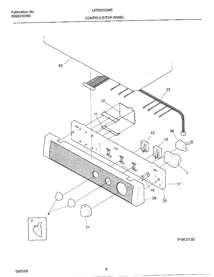 CONTROLS / TOP PANEL Diagram and Parts List for LFD301GW0  Frigidaire Dryer