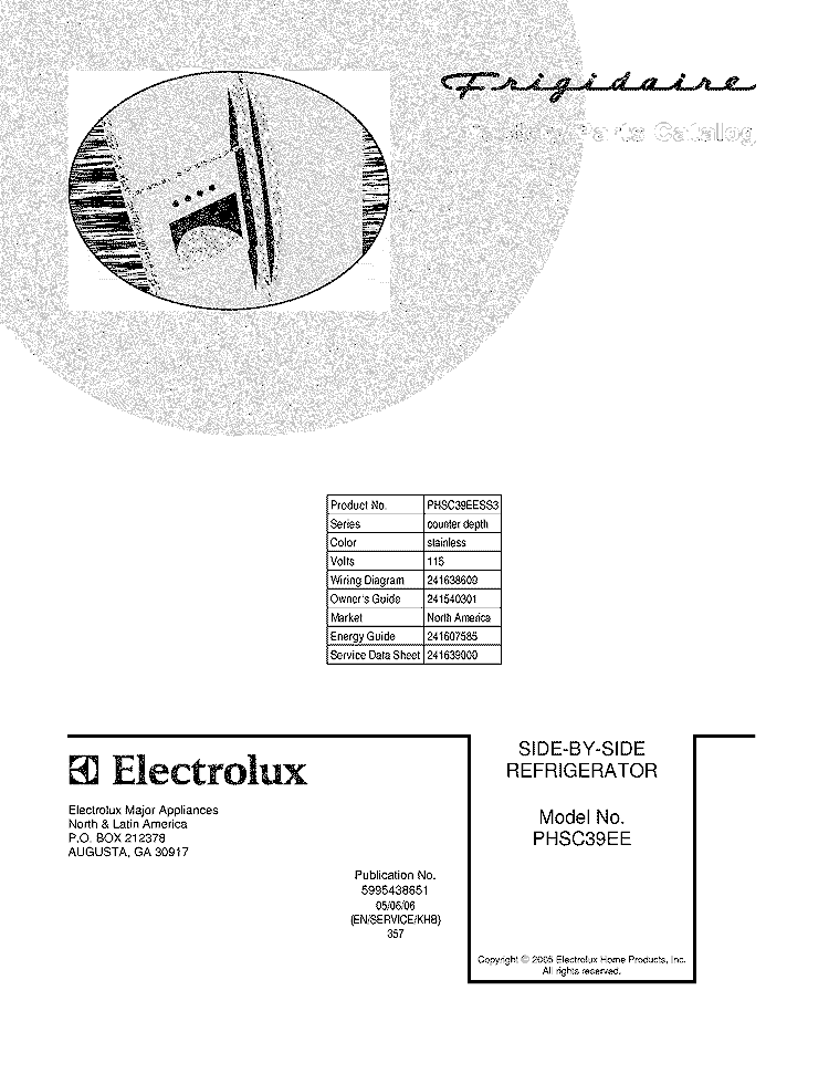COVER Diagram and Parts List for PHSC39EESS3  Frigidaire Refrigerator