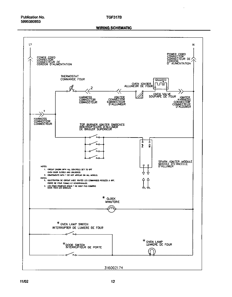 WIRING SCHEMATIC Diagram and Parts List for TGF317BUA  Tappan Range