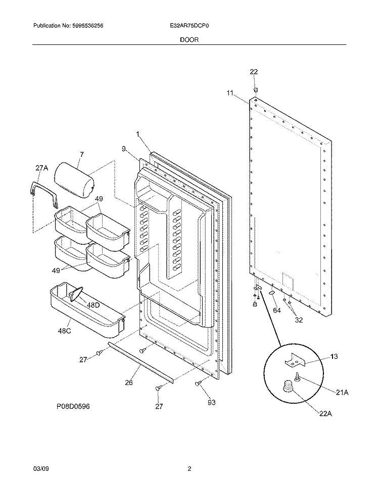 DOOR Diagram and Parts List for E32AR75DCP0  Electrolux Refrigerator
