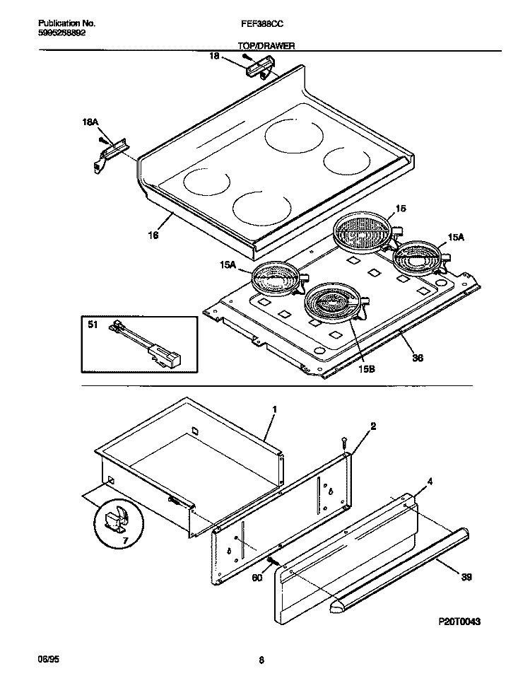 TOP / DRAWER Diagram and Parts List for FEF388CCTC  Frigidaire Range