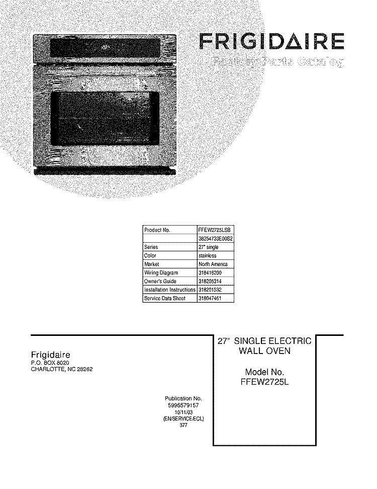 COVER Diagram and Parts List for FFEW2725LSB  Frigidaire Wall Oven