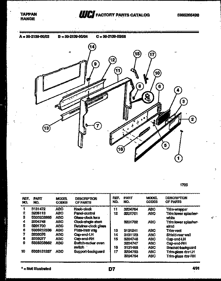 BACKGUARD Diagram and Parts List for 30-2139-23-05  Tappan Range