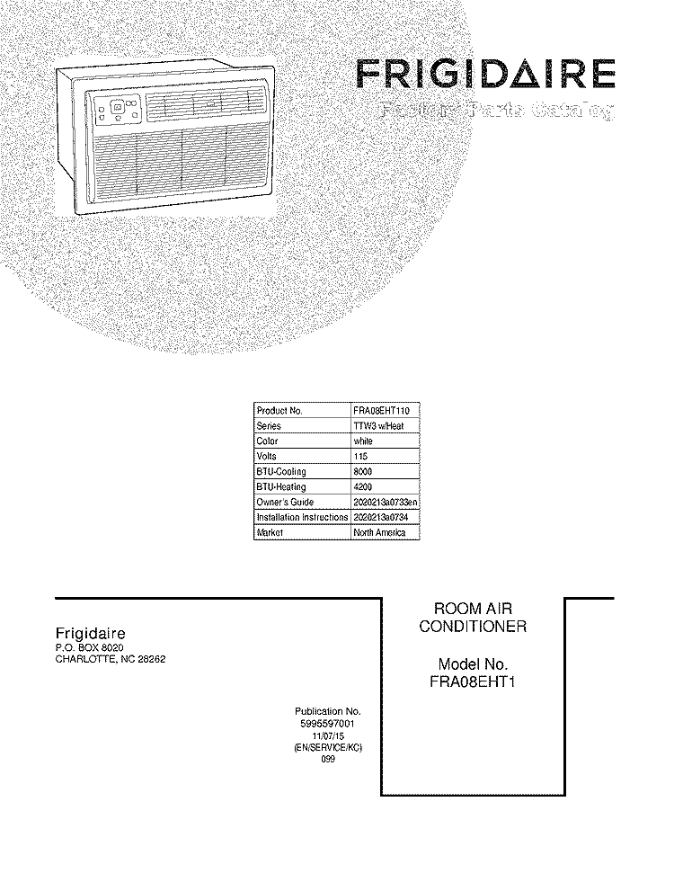 COVER Diagram and Parts List for FRA08EHT110  Frigidaire Air Conditioner