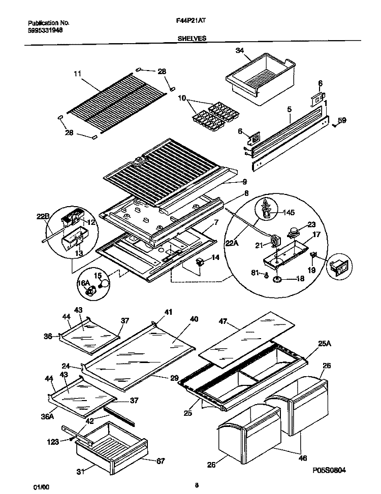 SHELVES Diagram and Parts List for F44P21ATD2  Frigidaire Refrigerator