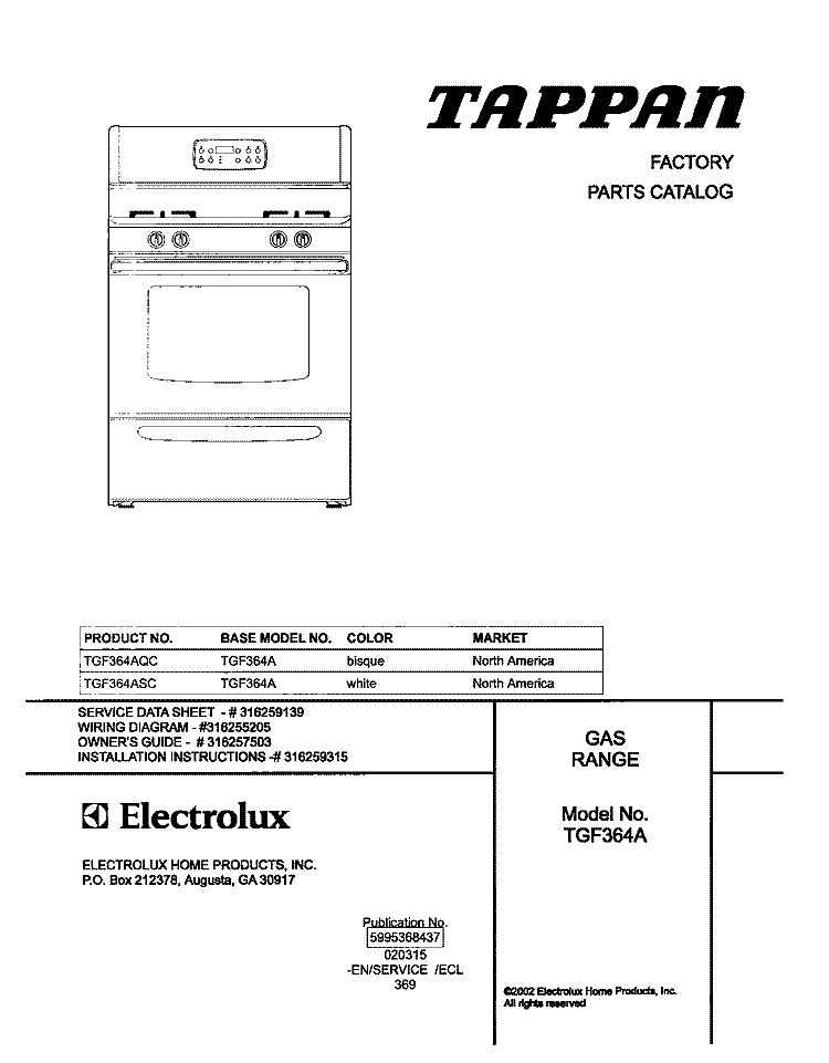 COVER Diagram and Parts List for TGF364ASC  Tappan Range