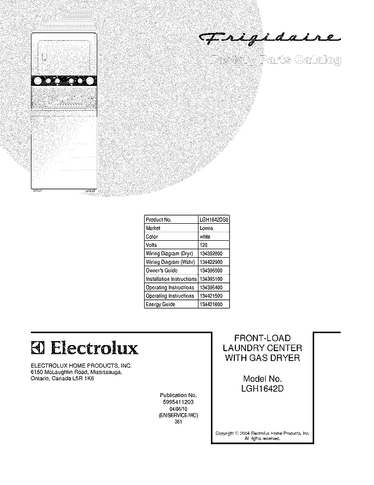 COVER Diagram and Parts List for LGH1642DS0  Electrolux Washer Dryer Combo