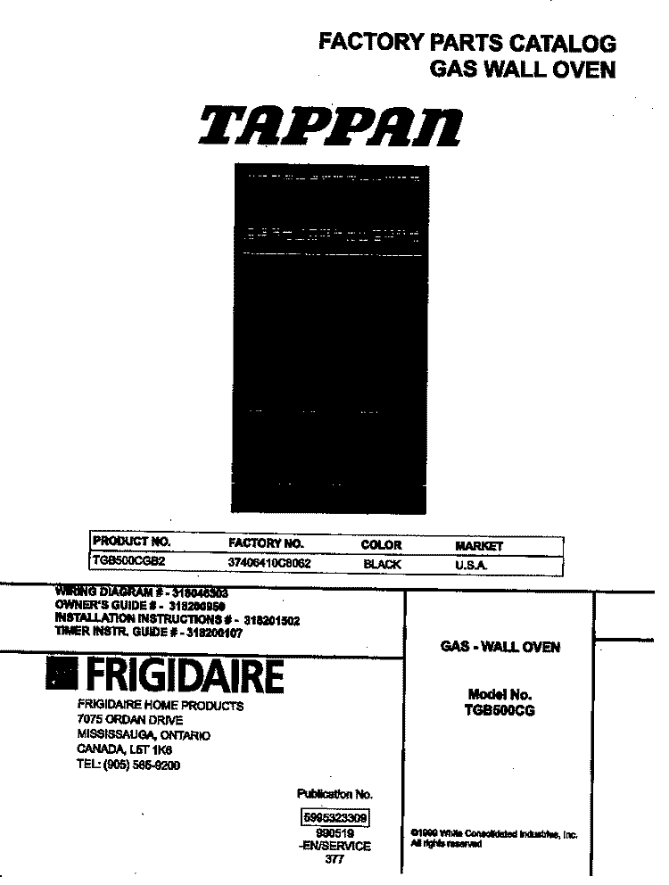 COVER Diagram and Parts List for TGB500CGB2  Tappan Wall Oven
