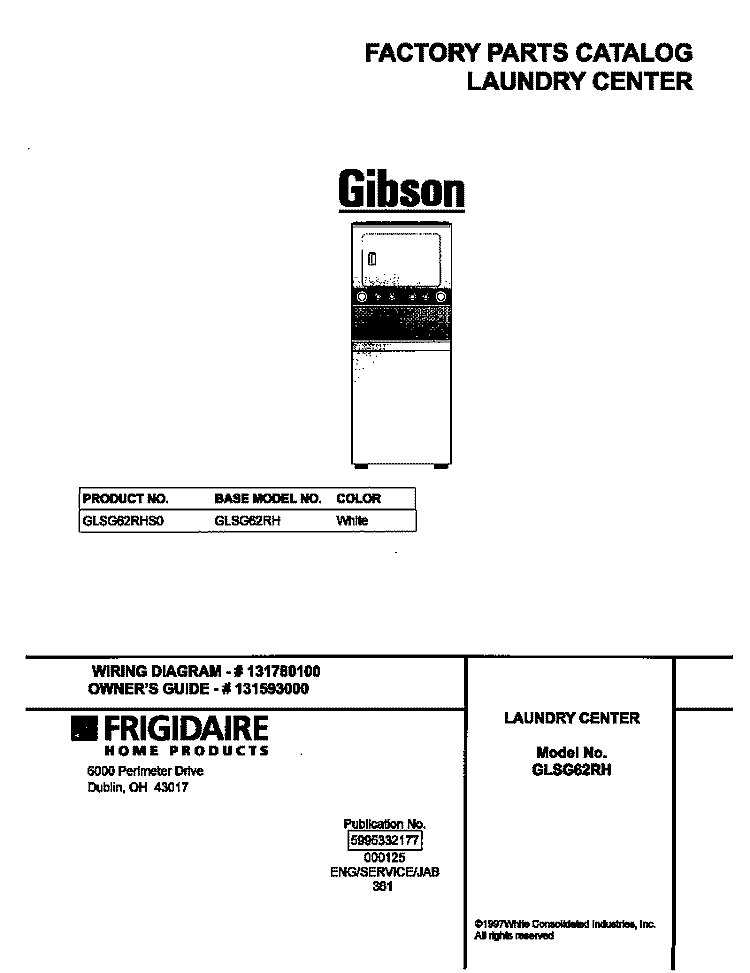 COVER Diagram and Parts List for GLSG62RHS0  Gibson Washer Dryer Combo