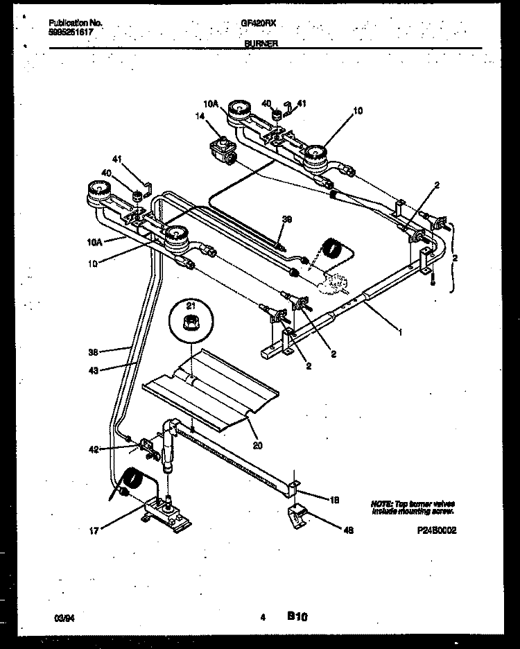 BURNER, MANIFOLD AND GAS CONTROL Diagram and Parts List for GF420RXW3  Frigidaire Range