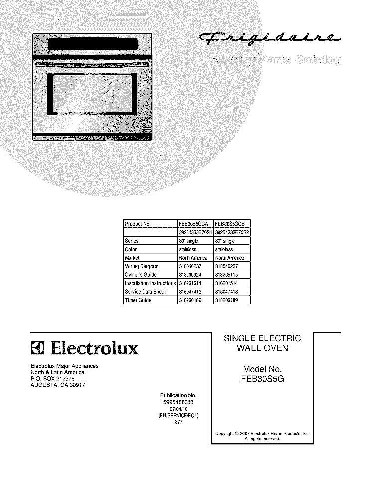 COVER Diagram and Parts List for FEB30S5GCB  Frigidaire Wall Oven