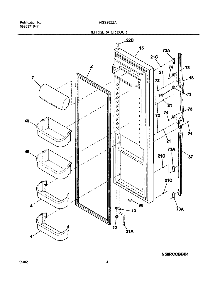 REFRIGERATOR DOOR Diagram and Parts List for NGS26ZZAW4  Frigidaire Refrigerator