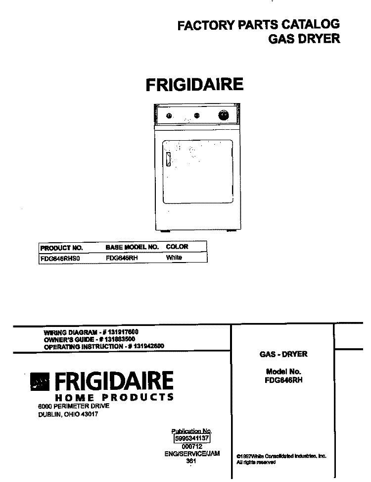 COVER Diagram and Parts List for FDG646RHS0  Frigidaire Dryer