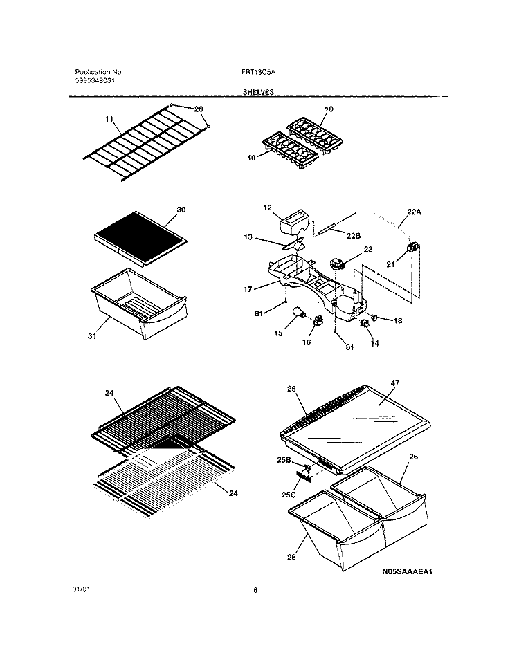 SHELVES Diagram and Parts List for FRT18C5AW0  Frigidaire Refrigerator