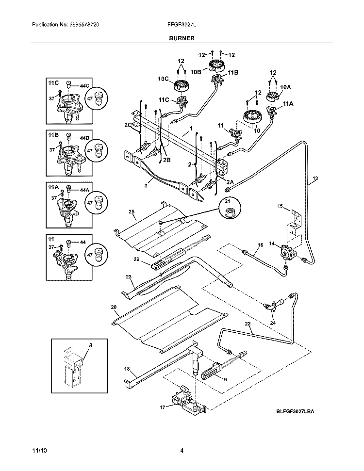 BURNER Diagram and Parts List for FFGF3019LWD  Frigidaire Range