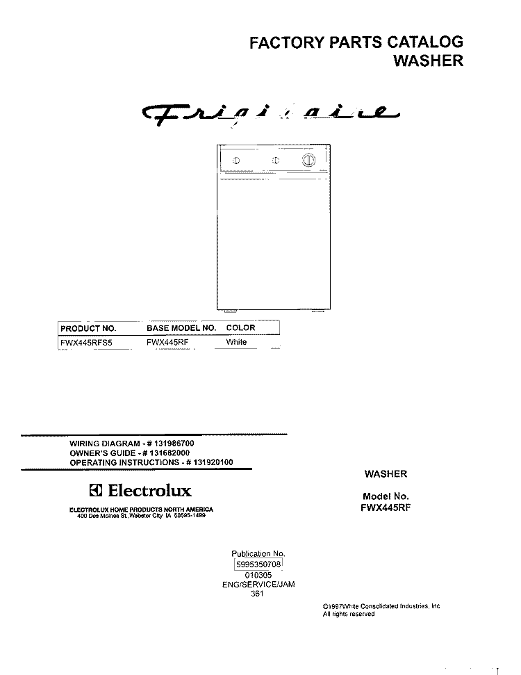 COVER Diagram and Parts List for FWX445RFS5  Frigidaire Washer