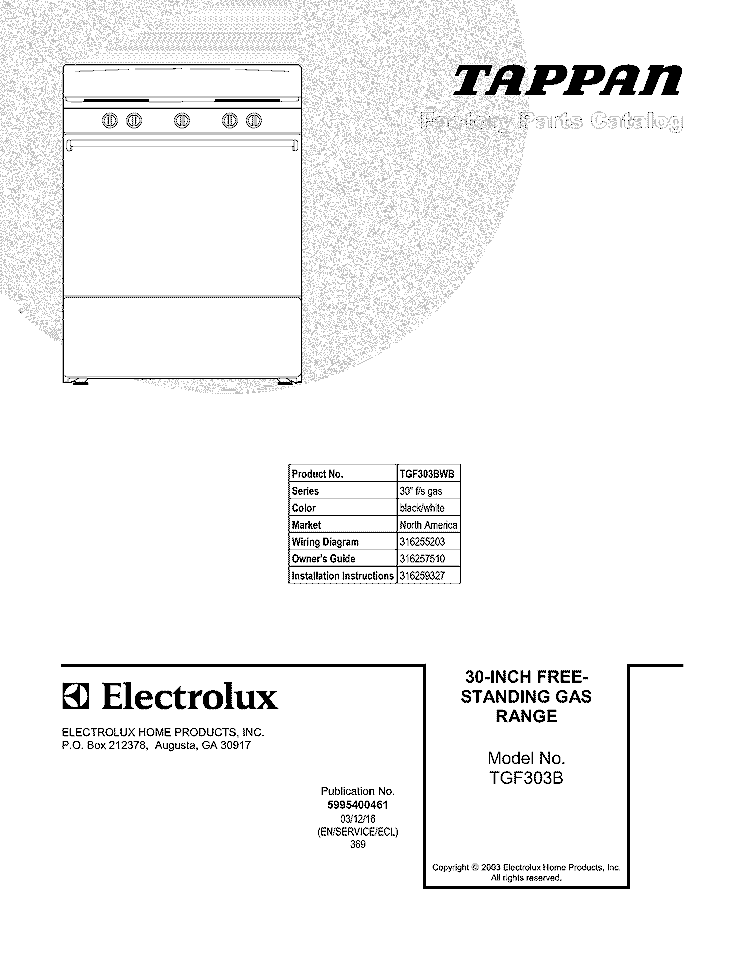 COVER Diagram and Parts List for TGF303BWB  Tappan Range