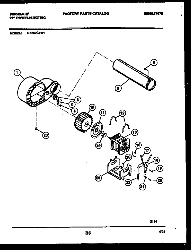 BLOWER AND DRIVE PARTS Diagram and Parts List for DE6520AW1  Frigidaire Dryer