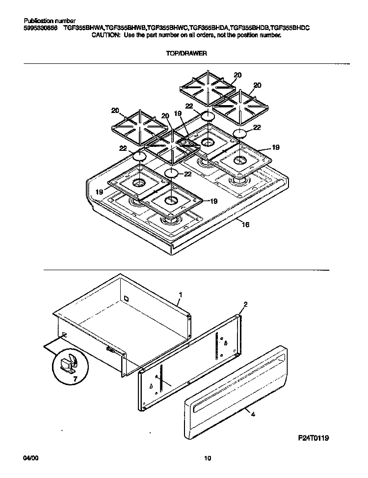 TOP / DRAWER Diagram and Parts List for TGF355BHWA  Tappan Range