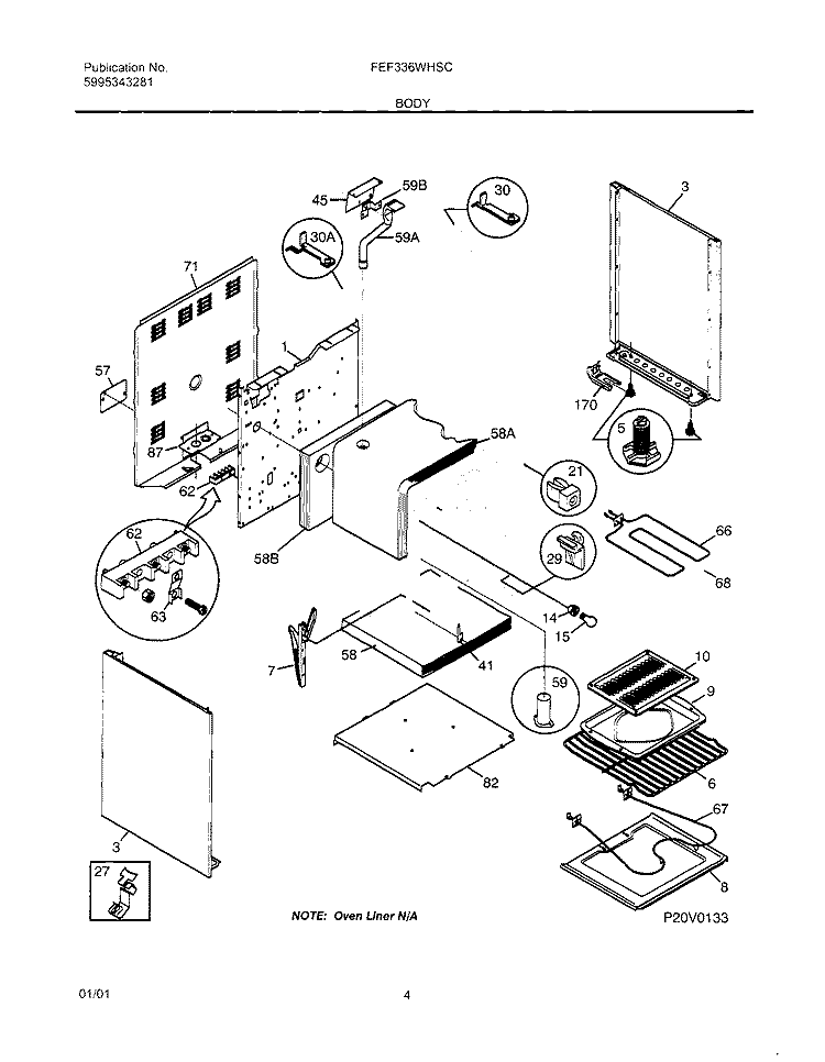 BODY Diagram and Parts List for FEF336WHSC  Frigidaire Range