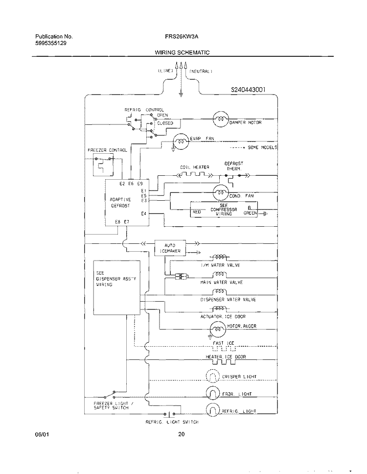 WIRING SCHEMATIC Diagram and Parts List for FRS26KW3AQ0  Frigidaire Refrigerator