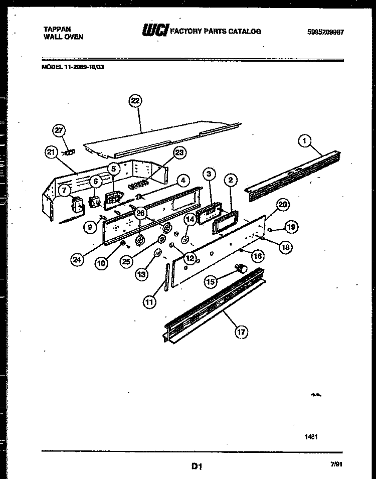 CONTROL PANEL Diagram and Parts List for 11-2969-00-03  Tappan Wall Oven