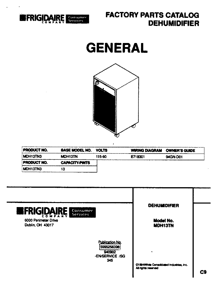 COVER Diagram and Parts List for MDH13TN3  Frigidaire Dehumidifier