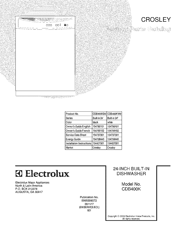 COVER Diagram and Parts List for CDB400KW0  Crosley Dishwasher