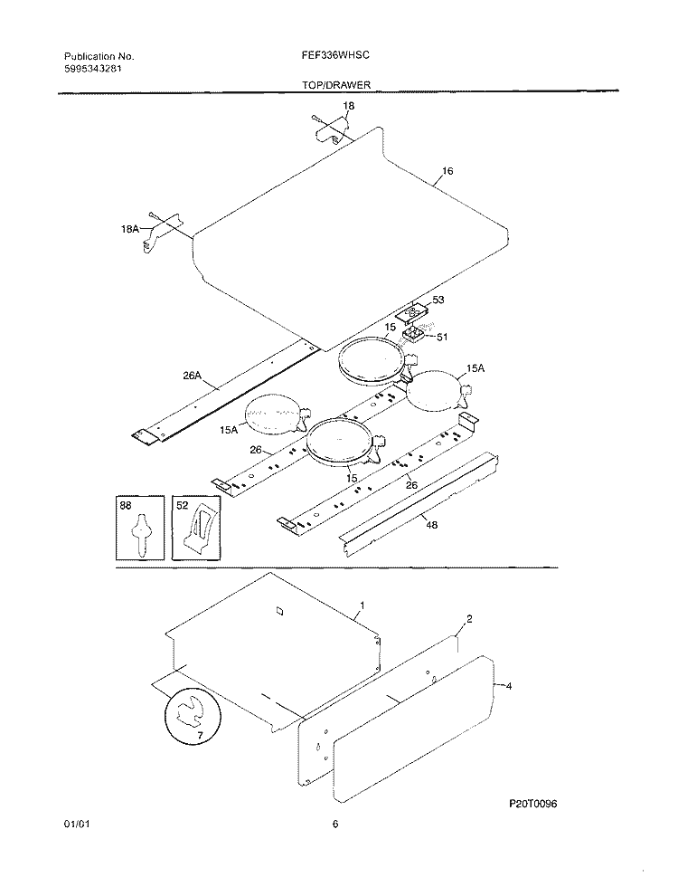 TOP / DRAWER Diagram and Parts List for FEF336WHSC  Frigidaire Range
