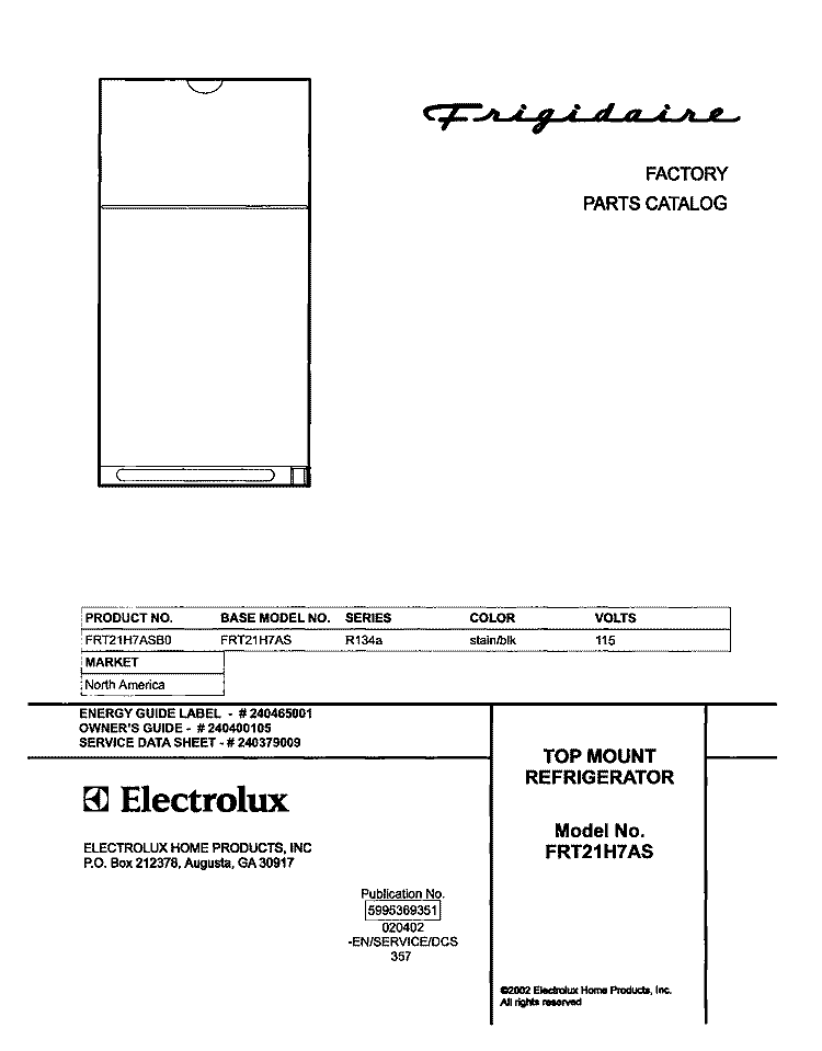 COVER Diagram and Parts List for FRT21H7ASB0  Frigidaire Refrigerator