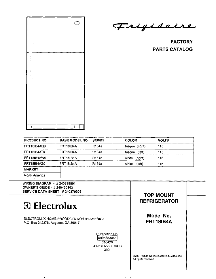 COVER Diagram and Parts List for FRT18IB4AW0  Frigidaire Refrigerator