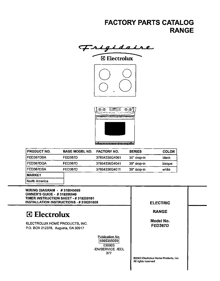 COVER Diagram and Parts List for FED367DQA  Frigidaire Range