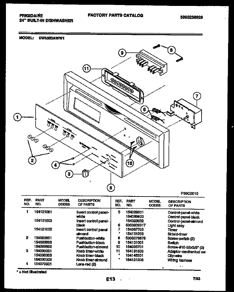 CONSOLE AND CONTROL PARTS Diagram and Parts List for DW6500AWW1  Frigidaire Dishwasher